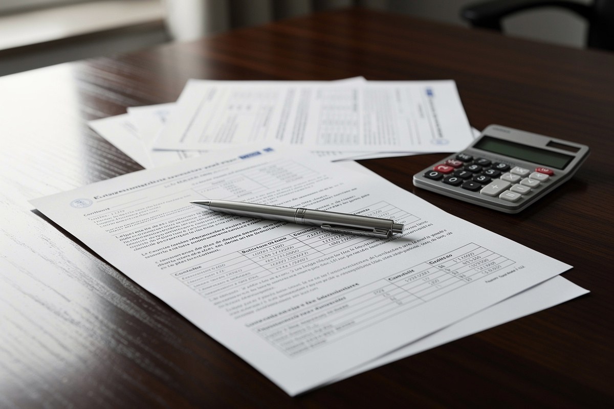 Dossier de contrat d'assurance vie et de plan épargne retraite posé sur un bureau en bois, avec stylo et calculatrice.