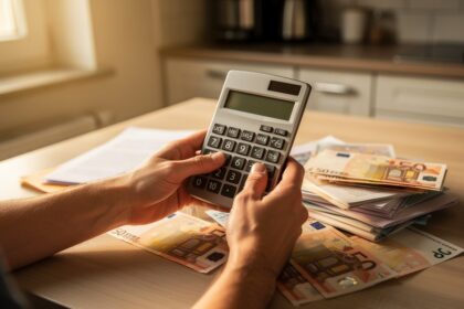 Mains posant une calculatrice près de billets en euros et de papiers pliés sur une table de cuisine en bois.
