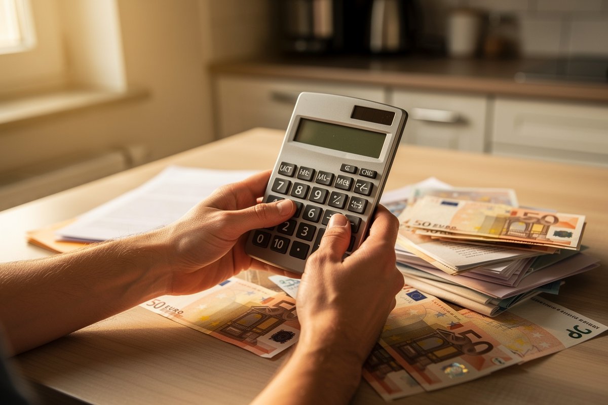Mains posant une calculatrice près de billets en euros et de papiers pliés sur une table de cuisine en bois.