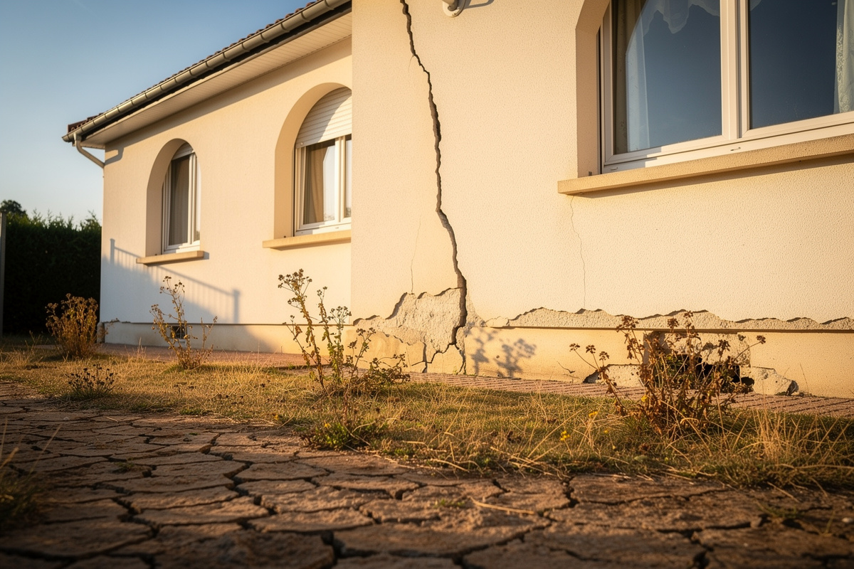 Façade d'une maison pavillonnaire française marquée de fissures verticales au-dessus d'une fenêtre, par temps de sécheresse
