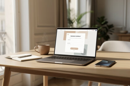 Bureau lumineux avec un ordinateur portable affichant un formulaire de contrat et un smartphone posé à côté