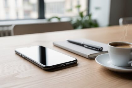Smartphone moderne posé sur un bureau en bois à côté d un carnet et d une tasse d espresso, lumière naturelle.