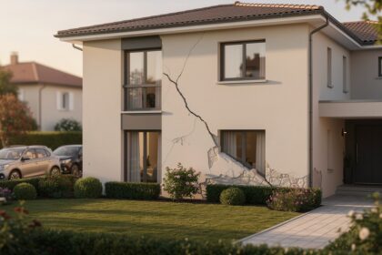 Façade d'une maison individuelle française avec une fissure visible sur le mur extérieur