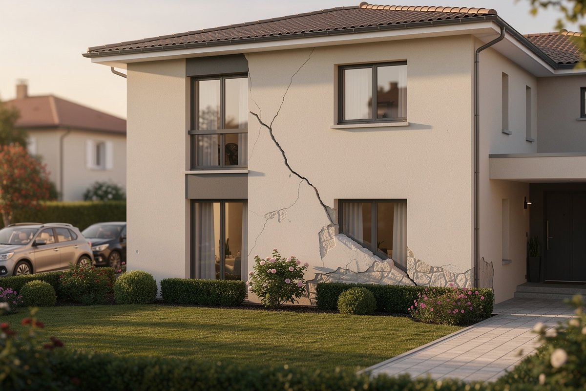Façade d'une maison individuelle française avec une fissure visible sur le mur extérieur