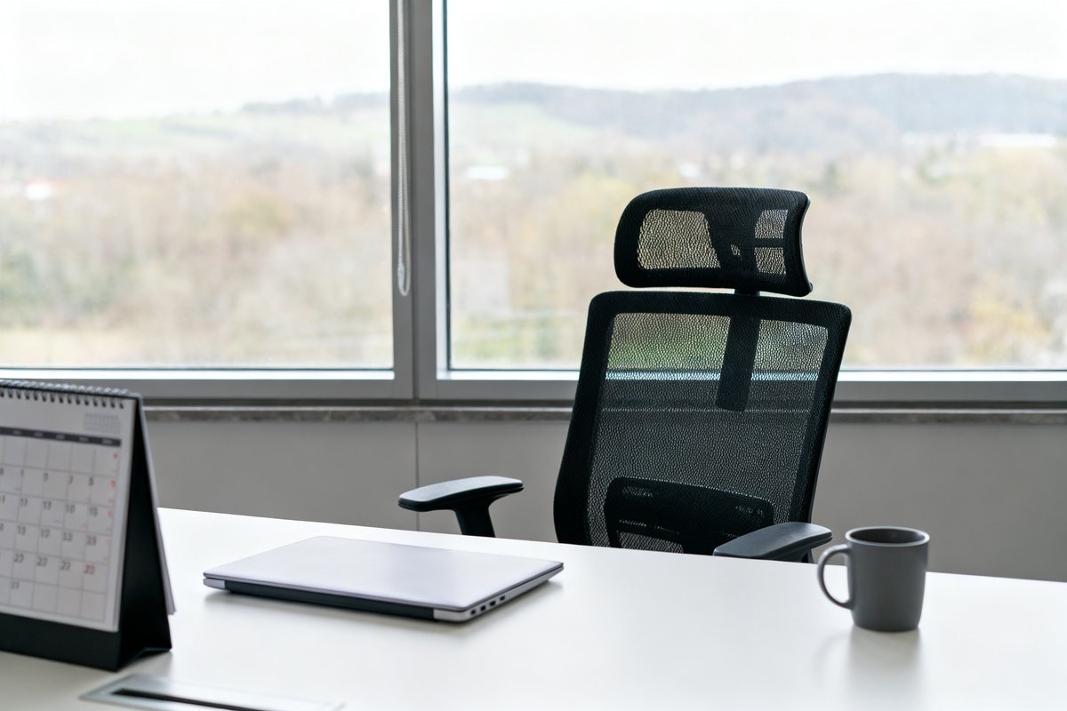 Bureau de travail inoccupé près d'une fenêtre, ordinateur portable fermé et chaise vide dans un open space lumineux.