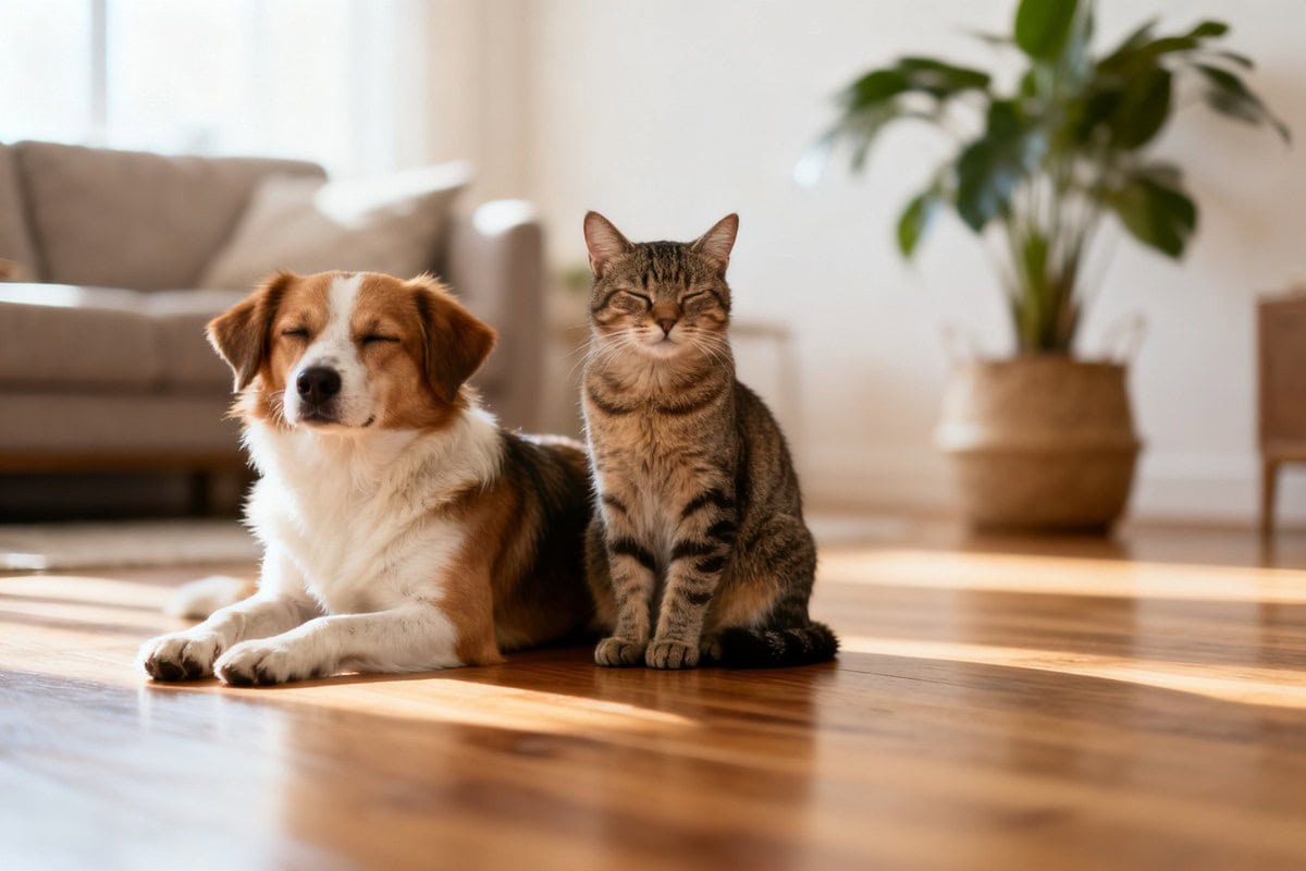 Un chien et un chat assis ensemble sur le sol d'un salon lumineux