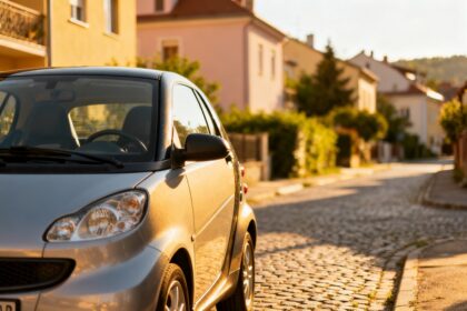 Petite voiture citadine économique stationnée dans une rue résidentielle ensoleillée