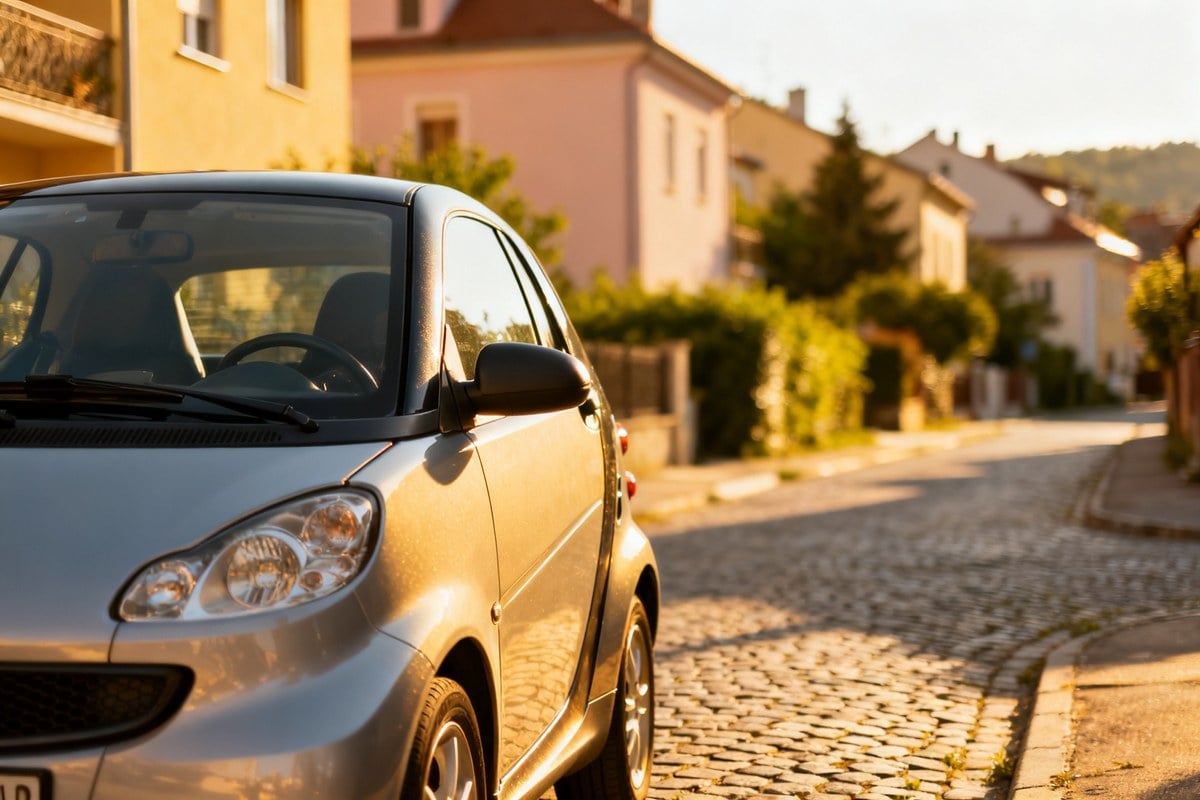 Petite voiture citadine économique stationnée dans une rue résidentielle ensoleillée