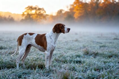Chien de chasse de type pointer à l'arrêt dans un champ brumeux à l'aube