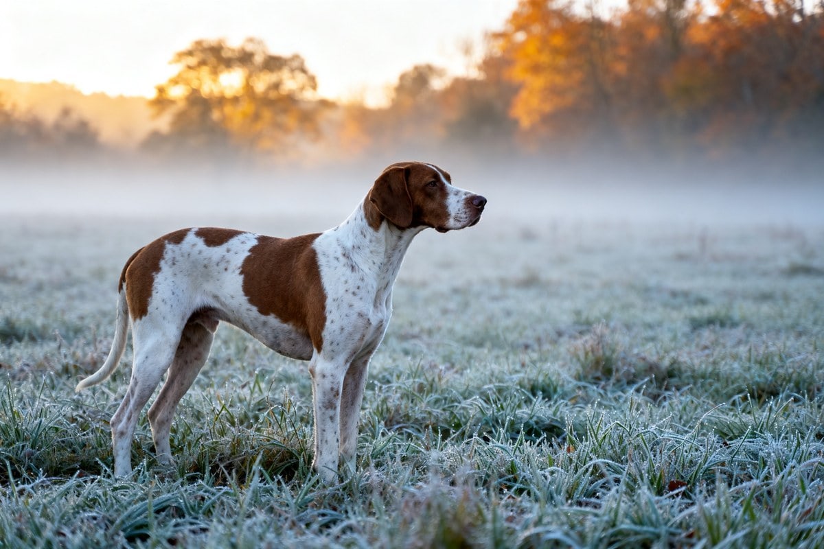 Chien de chasse de type pointer à l'arrêt dans un champ brumeux à l'aube