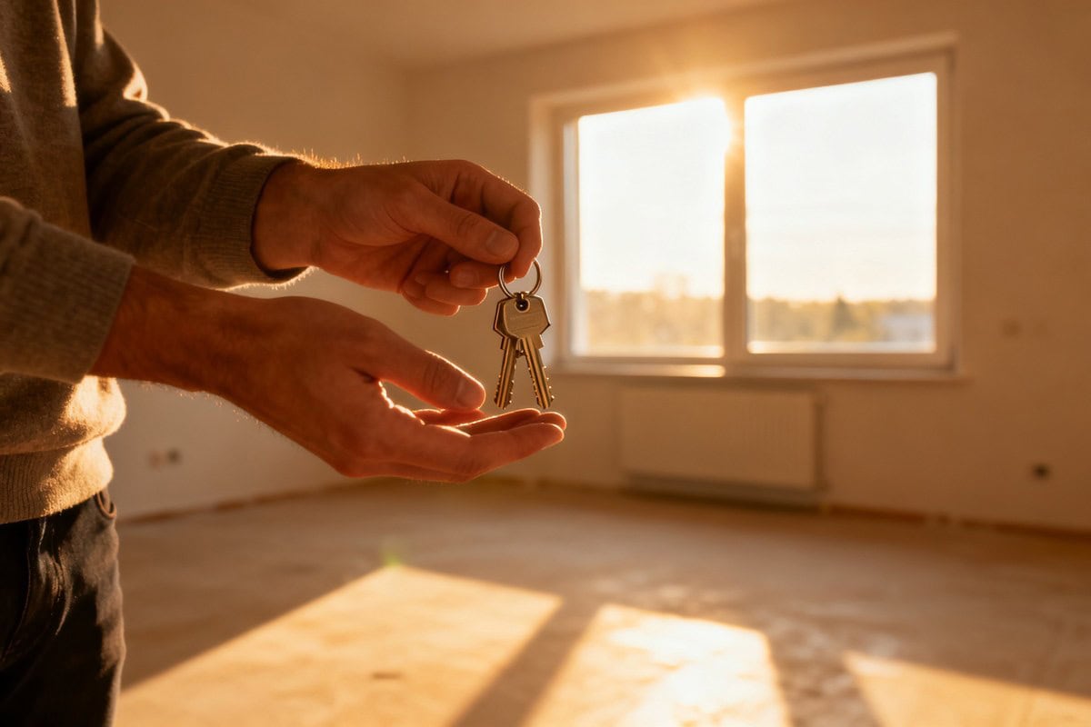 Mains tenant des clés de maison près d'une fenêtre ensoleillée d'un logement neuf