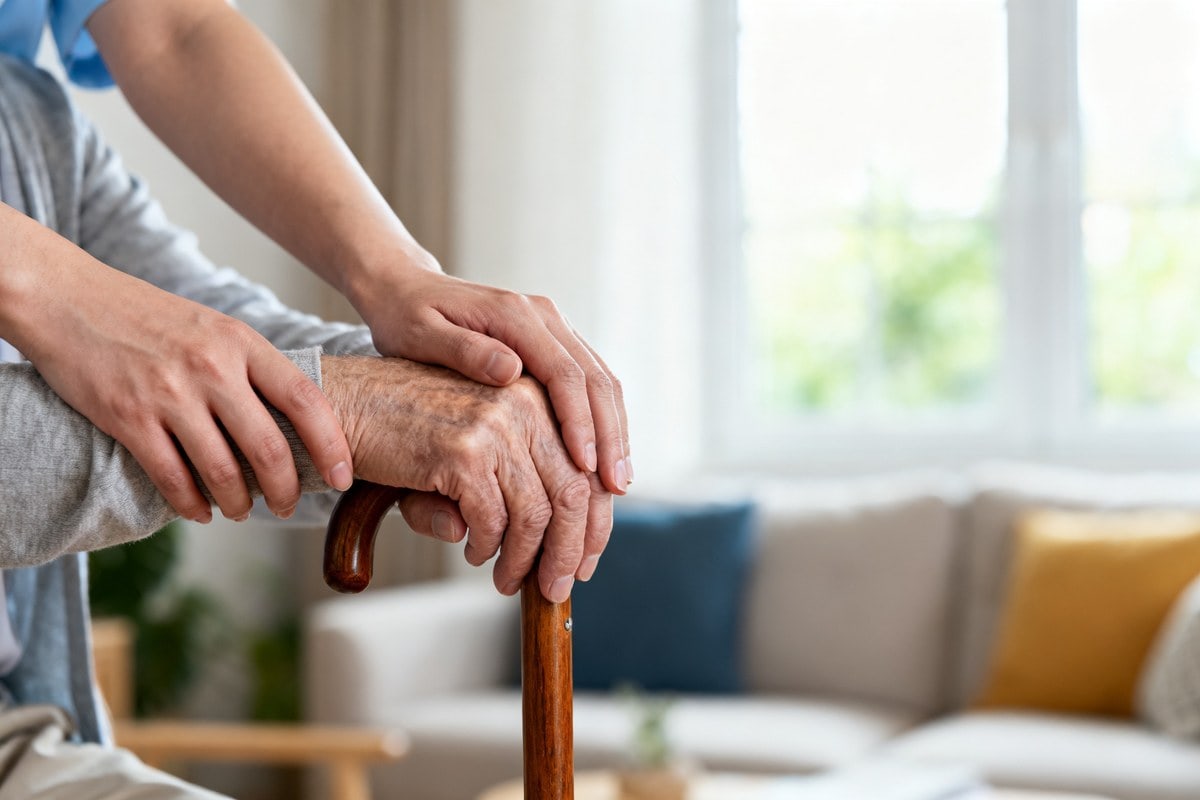 Mains d'une personne âgée tenant une canne, accompagnée d'un aidant dans un salon lumineux