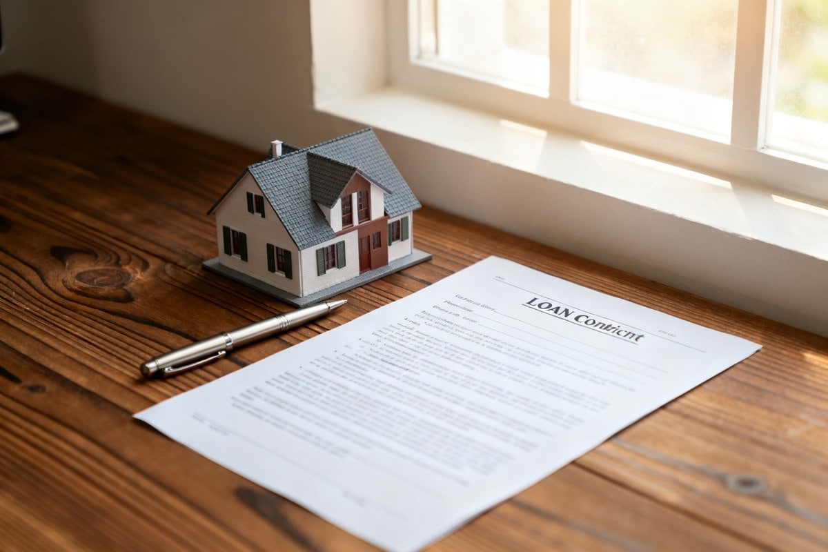 Maquette de maison, stylo et contrat de prêt posés sur un bureau près d'une fenêtre