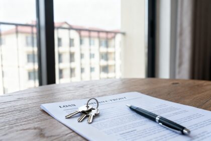 Trousseau de clés de maison posé sur un contrat de prêt avec un stylo, près d'une fenêtre