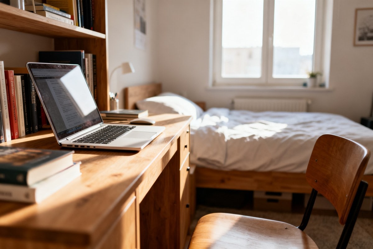 Petit studio étudiant meublé avec bureau, ordinateur portable et lit près d'une fenêtre lumineuse