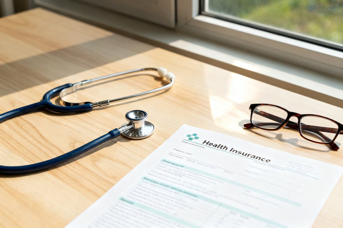 Stéthoscope, lunettes et document d'assurance santé posés sur un bureau clair près d'une fenêtre