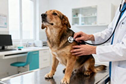 Un chien examiné par les mains d'un vétérinaire muni d'un stéthoscope dans une clinique lumineuse.