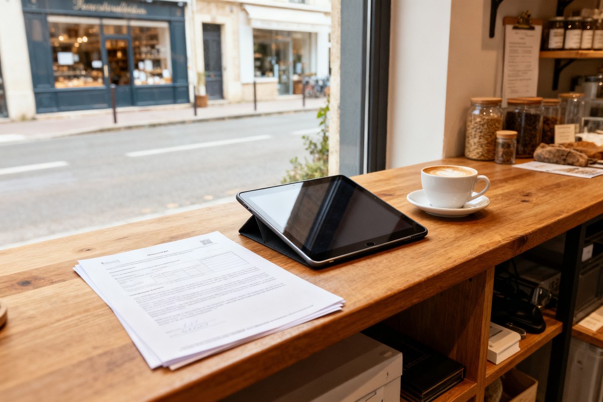 Comptoir en bois d'une petite boutique avec tablette et documents de contrat, lumière du jour.