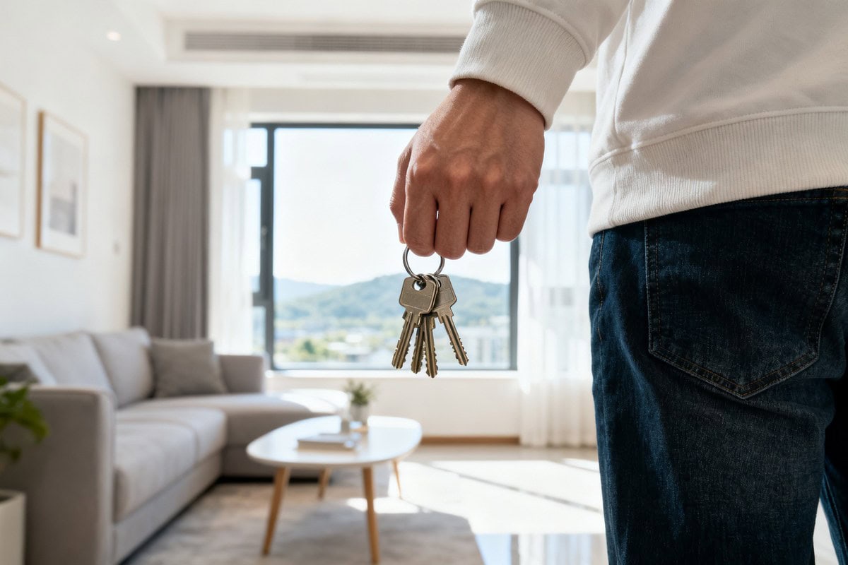 Personne tenant un trousseau de clés de maison devant un salon d'appartement lumineux