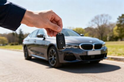Main tendant une clé de voiture près d'un véhicule moderne en extérieur, en plein jour