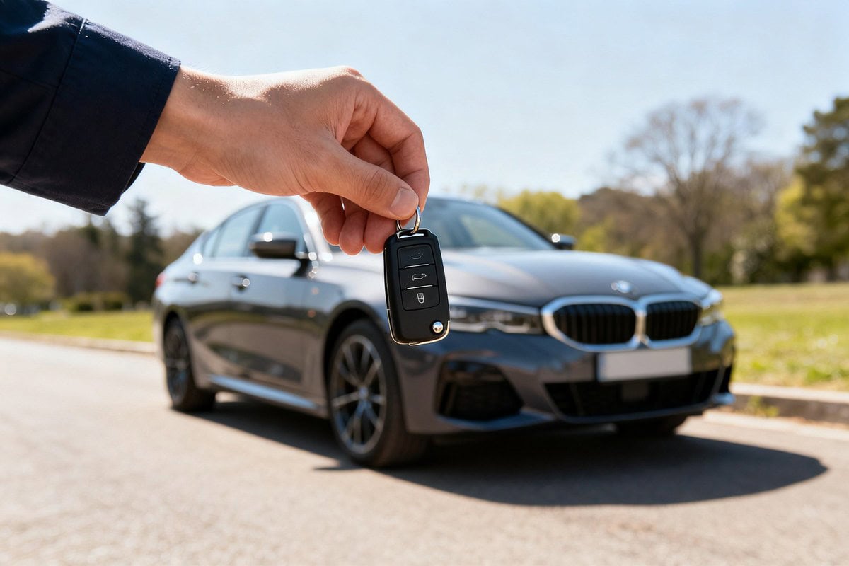 Main tendant une clé de voiture près d'un véhicule moderne en extérieur, en plein jour