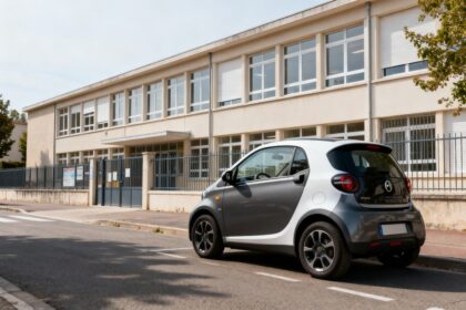 Voiturette compacte stationnée devant un établissement scolaire