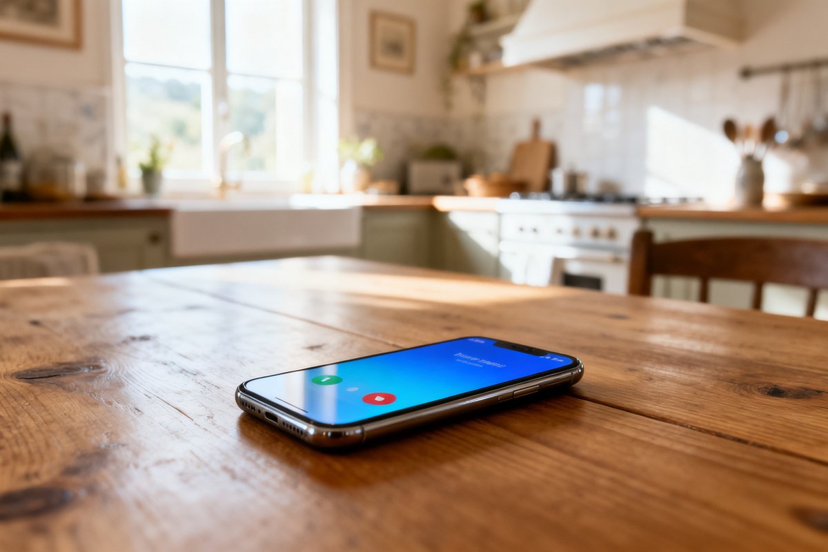 Smartphone posé sur une table en bois affichant un appel entrant d'un numéro inconnu dans une cuisine lumineuse
