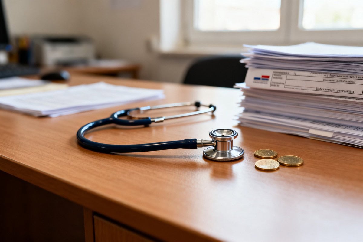 Bureau d'un service public avec un stéthoscope, des pièces en euros et des documents administratifs près d'une fenêtre.
