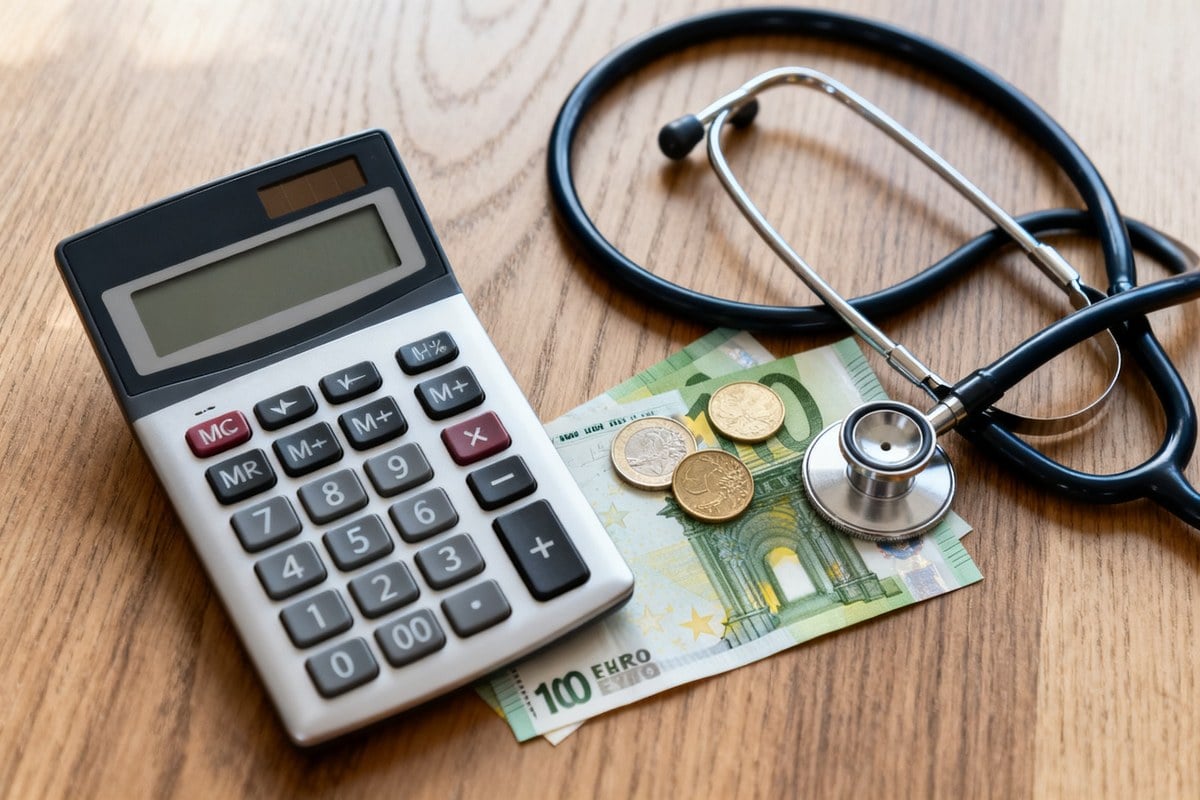 Calculatrice, stéthoscope, billet et pièces en euros posés sur un bureau en bois.