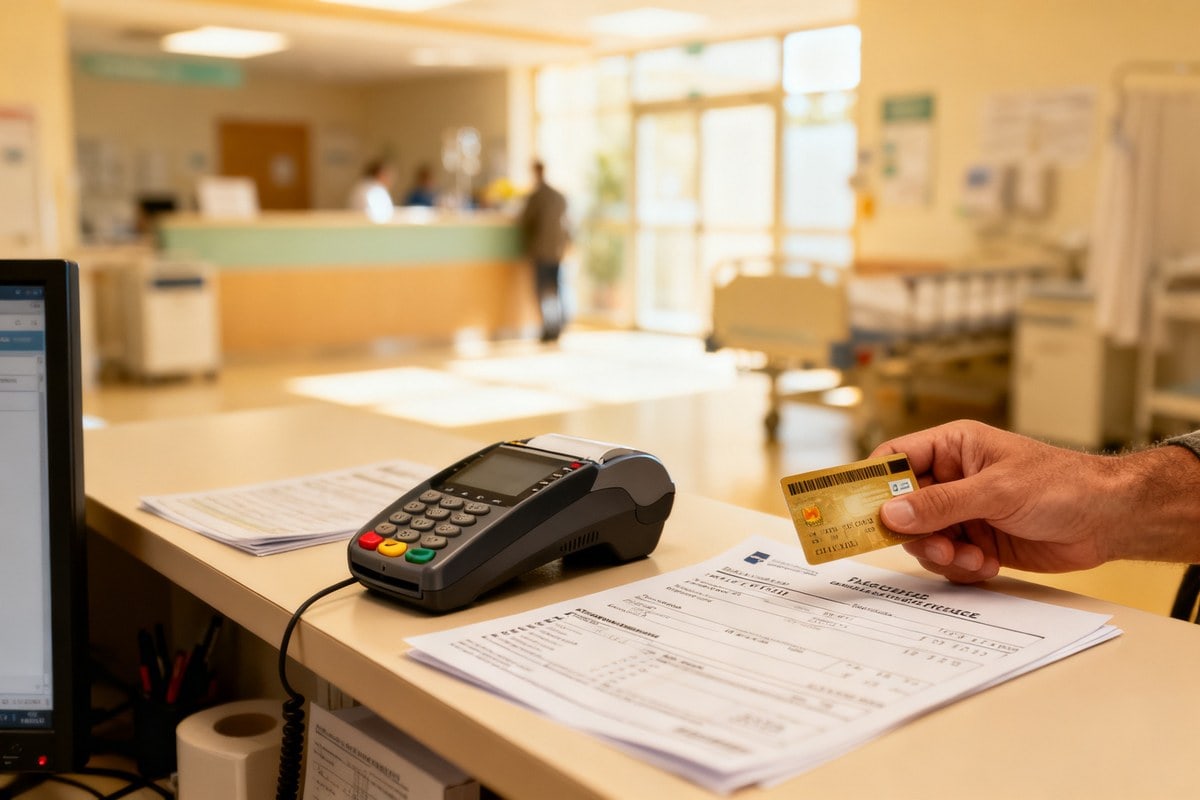 Borne de paiement et carte bancaire sur un comptoir d'accueil hospitalier avec des documents de facturation.