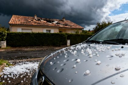 Capot de voiture cabossé par la grêle et grêlons au sol devant une maison après un orage