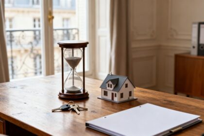 Sablier posé sur un bureau près de clés et d'une maquette de maison