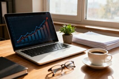 Bureau d'un independant avec ordinateur portable affichant des graphiques financiers en hausse