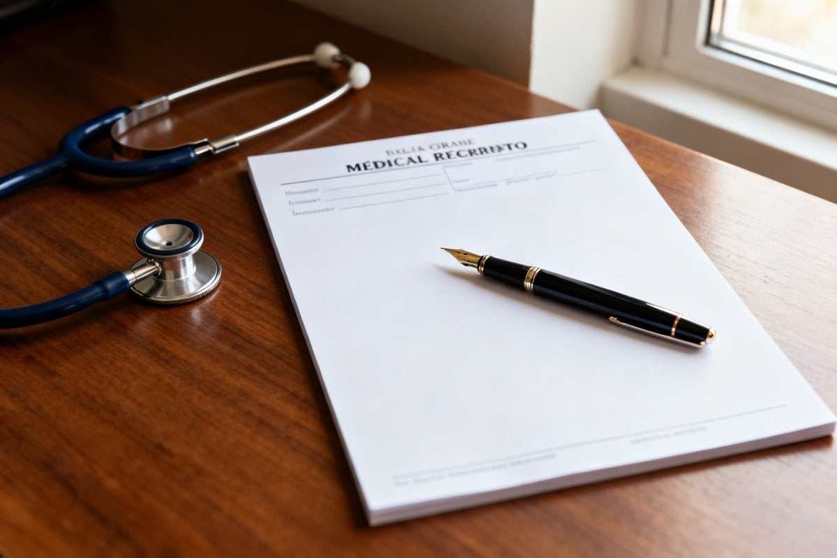Ordonnance vierge et stéthoscope posés sur le bureau en bois d'un cabinet médical