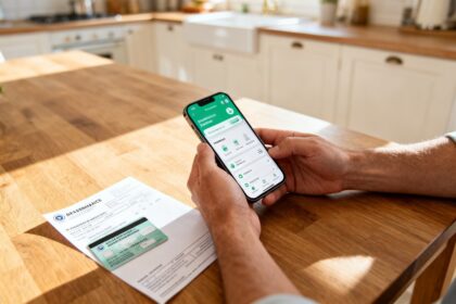 Personne consultant une application de santé sur smartphone, carte de tiers payant posée à côté