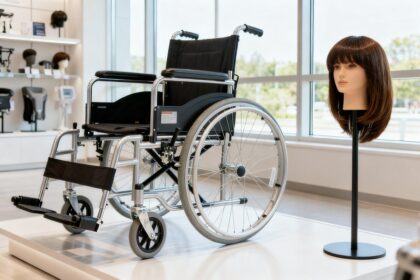 Un fauteuil roulant et une perruque sur présentoir dans un magasin de matériel médical lumineux