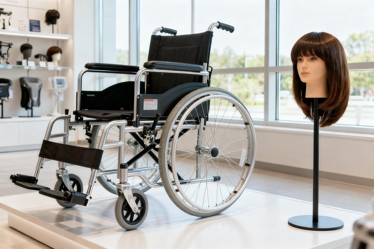 Un fauteuil roulant et une perruque sur présentoir dans un magasin de matériel médical lumineux