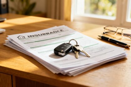 Clés de voiture et clés de maison posées sur des documents d'assurance, sur un bureau en bois.