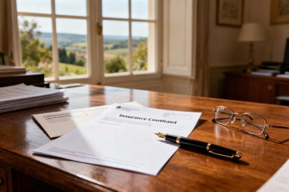 Lettre recommandée et contrat d'assurance posés sur un bureau en bois avec un stylo et des lunettes.