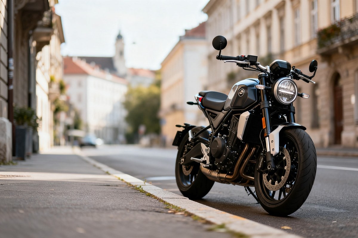 Moto stationnée le long d'un trottoir dans une rue de ville, en plein jour