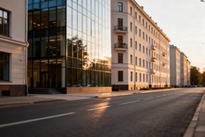Immeubles de bureaux et de logements modernes le long d'une avenue urbaine en fin de journee
