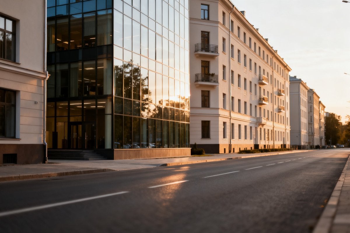 Immeubles de bureaux et de logements modernes le long d'une avenue urbaine en fin de journee