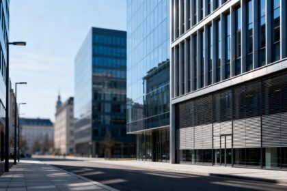 Façades d'immeubles de bureaux et de commerces modernes en ville, vues depuis la rue en plein jour