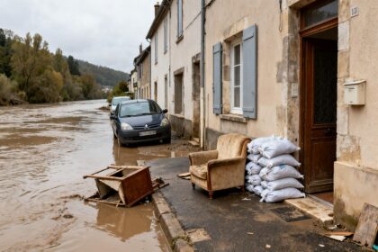 Rue résidentielle inondée, eau boueuse autour des voitures et sacs de sable devant une porte d'entrée