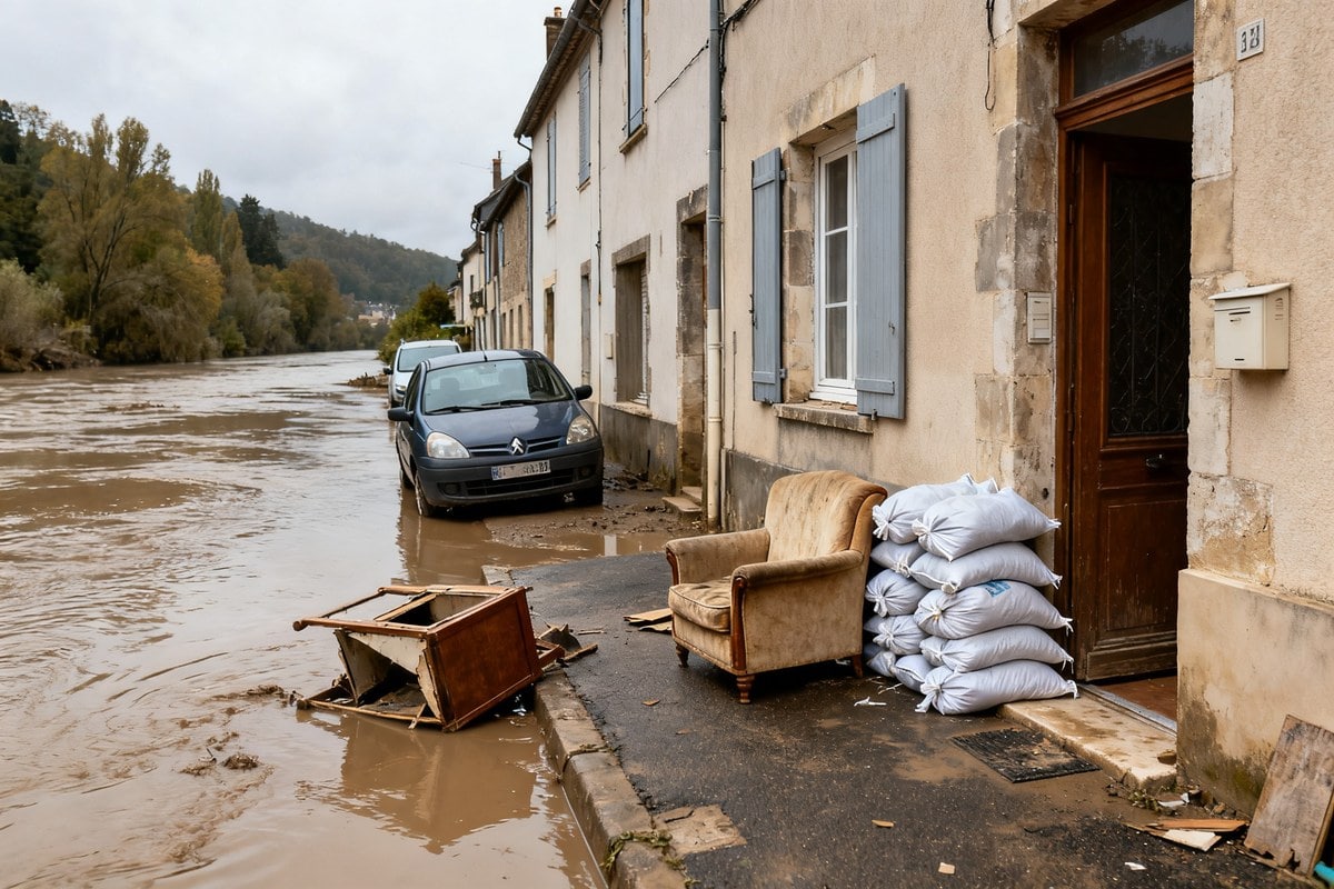 Rue résidentielle inondée, eau boueuse autour des voitures et sacs de sable devant une porte d'entrée