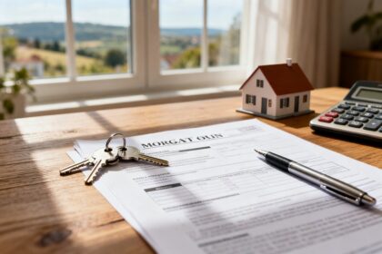 Clés, documents de prêt immobilier et calculatrice posés sur un bureau en bois