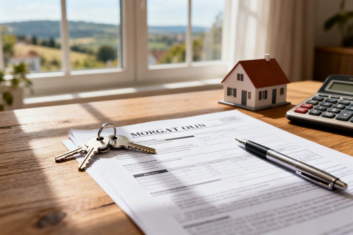 Clés, documents de prêt immobilier et calculatrice posés sur un bureau en bois