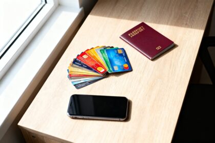 Cartes bancaires colorées, smartphone et passeport posés sur un bureau près d'une fenêtre