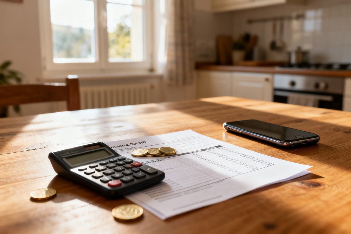 Relevé de compte bancaire, pièces en euros et calculatrice posés sur une table de cuisine en bois.