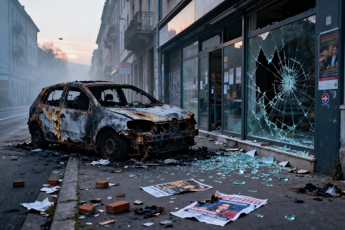 Voiture calcinée devant une vitrine de commerce brisée, éclats de verre et débris sur le trottoir au petit matin